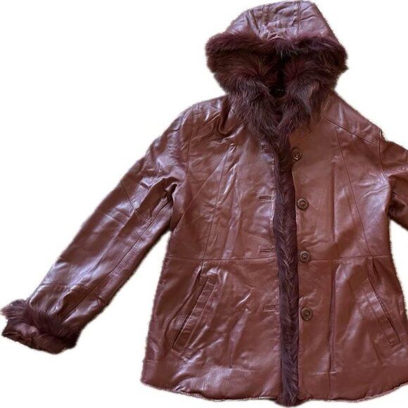 Women’s Vintage Y2K 2000’s Red Leather Jacket with Real Rabbit Fur Trim and Hood - Picture 1 of 4
